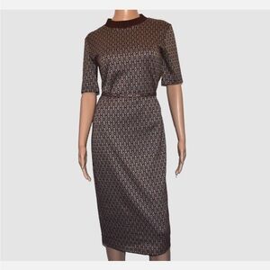 ZARA brown blue geometric pattern short sleeve belted pencil
dress